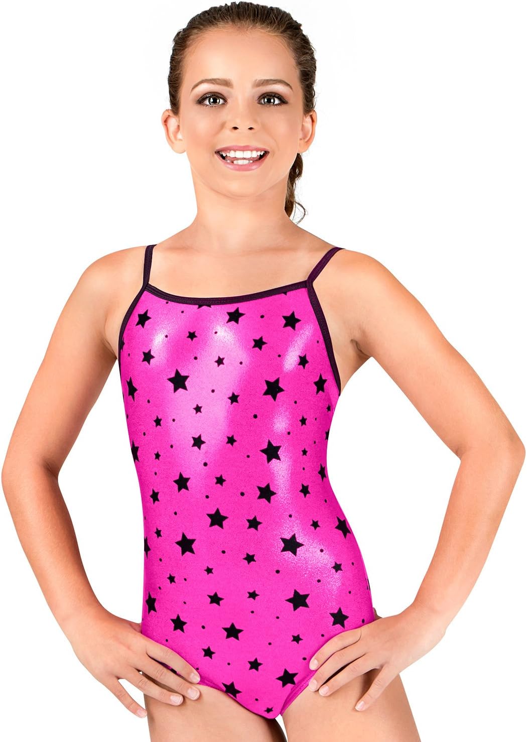 Child Flocked Star Metallic Camisole Leotard,G595CFUCXL,Fuchsia/Black