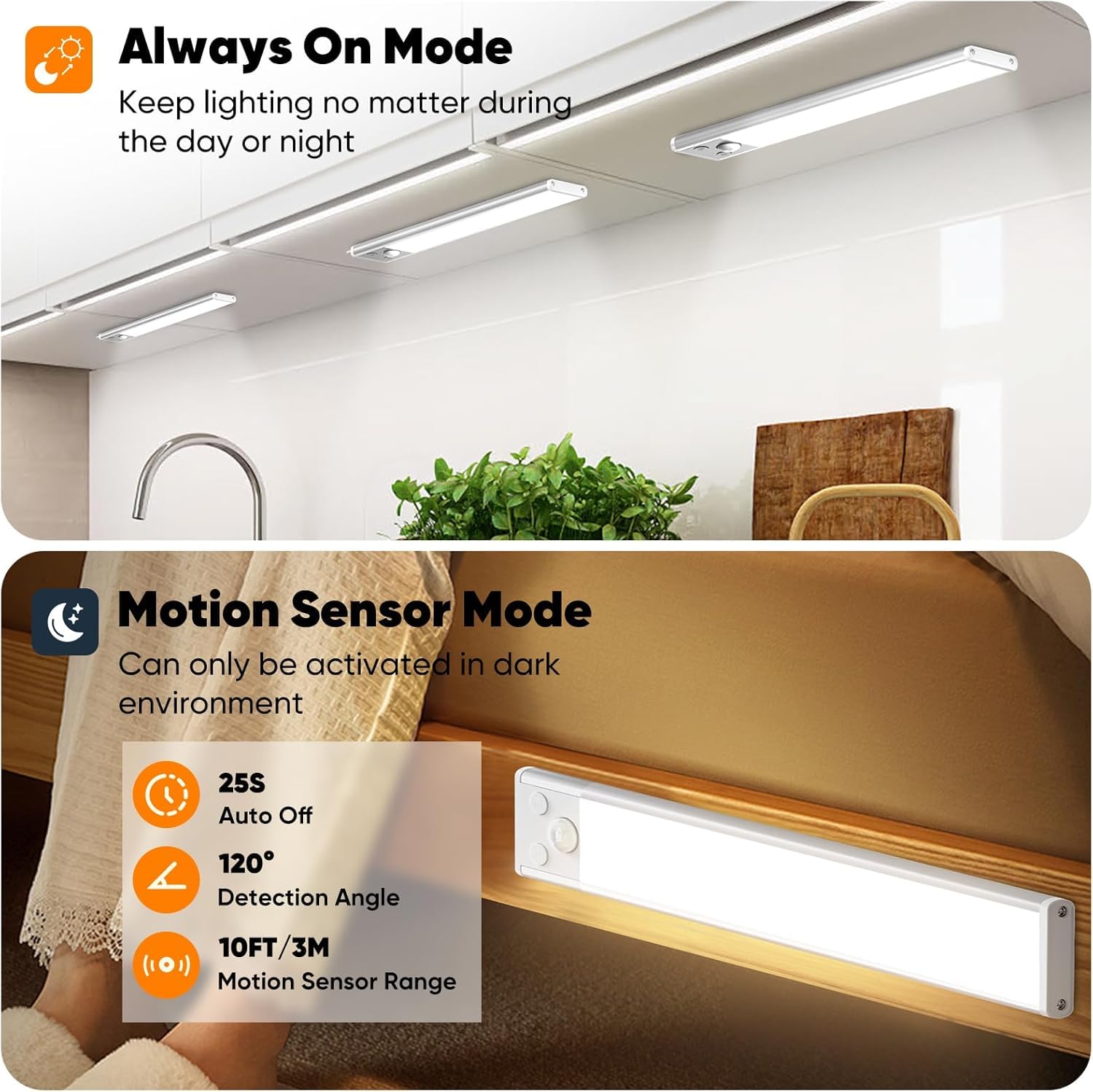 Luces para debajo del gabinete de 10 pulgadas, luces de sensor de movimiento recargables de 2200 mAh para interiores, luces inalámbricas regulables para armario, luces nocturnas magnéticas para debajo