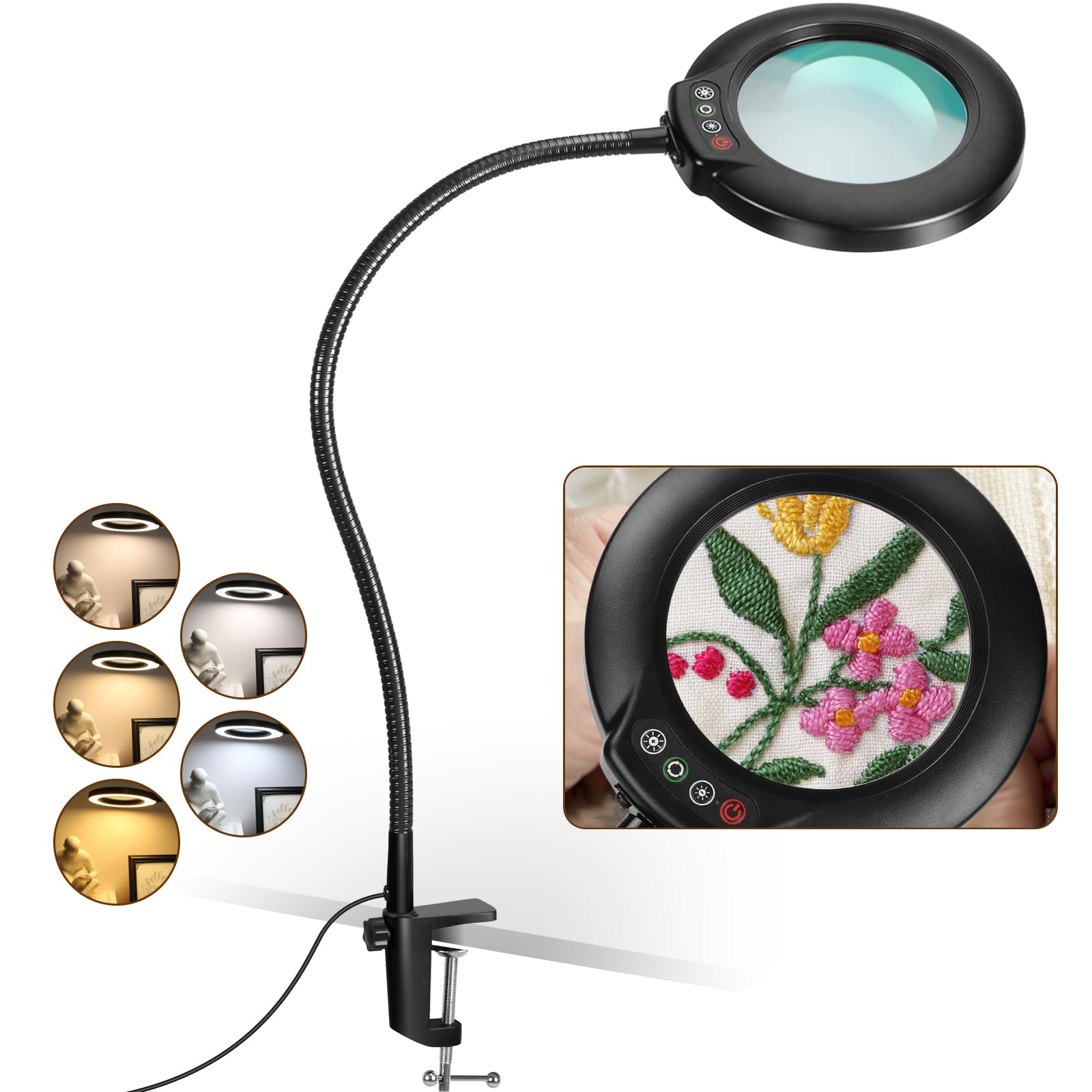 Veemagni 12X Real Glass Magnifying Glass with Light, 5 Color Modes Stepless Dimmable, 23" Flexible Gooseneck LED Desk Lamp with Clamp, Hands Free Lighted Magnifier with Stand for Crafts Reading-Black