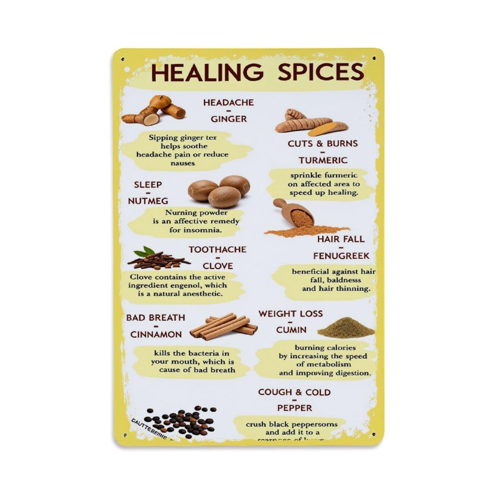 Jdyaojiesheng Vintage Healing Spices Infographic Pattern Tin Sign Retro Metal Wall Decor Metal Poster, Home Bar Garage Farmhouse Cafe Wall Art Decoration 8X12inches