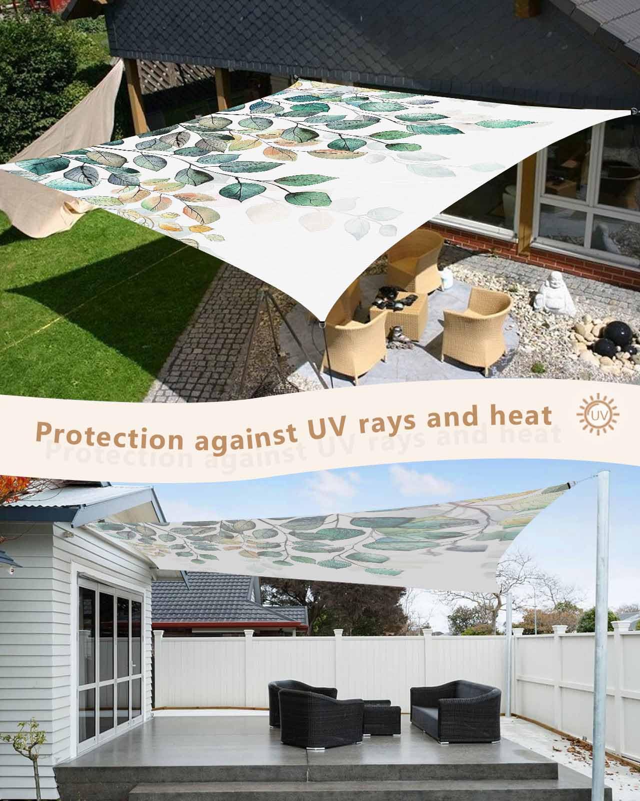 Sun Shade Sails Canopy 6.5'x10', Sage Green Eucalyptus Leaf Plant Flower Pattern UV Protection Outdoor Shade Canopy, Rust Resistant Tear Patio Sail Shade for Sunshade Outdoor Patio Backyard Garden