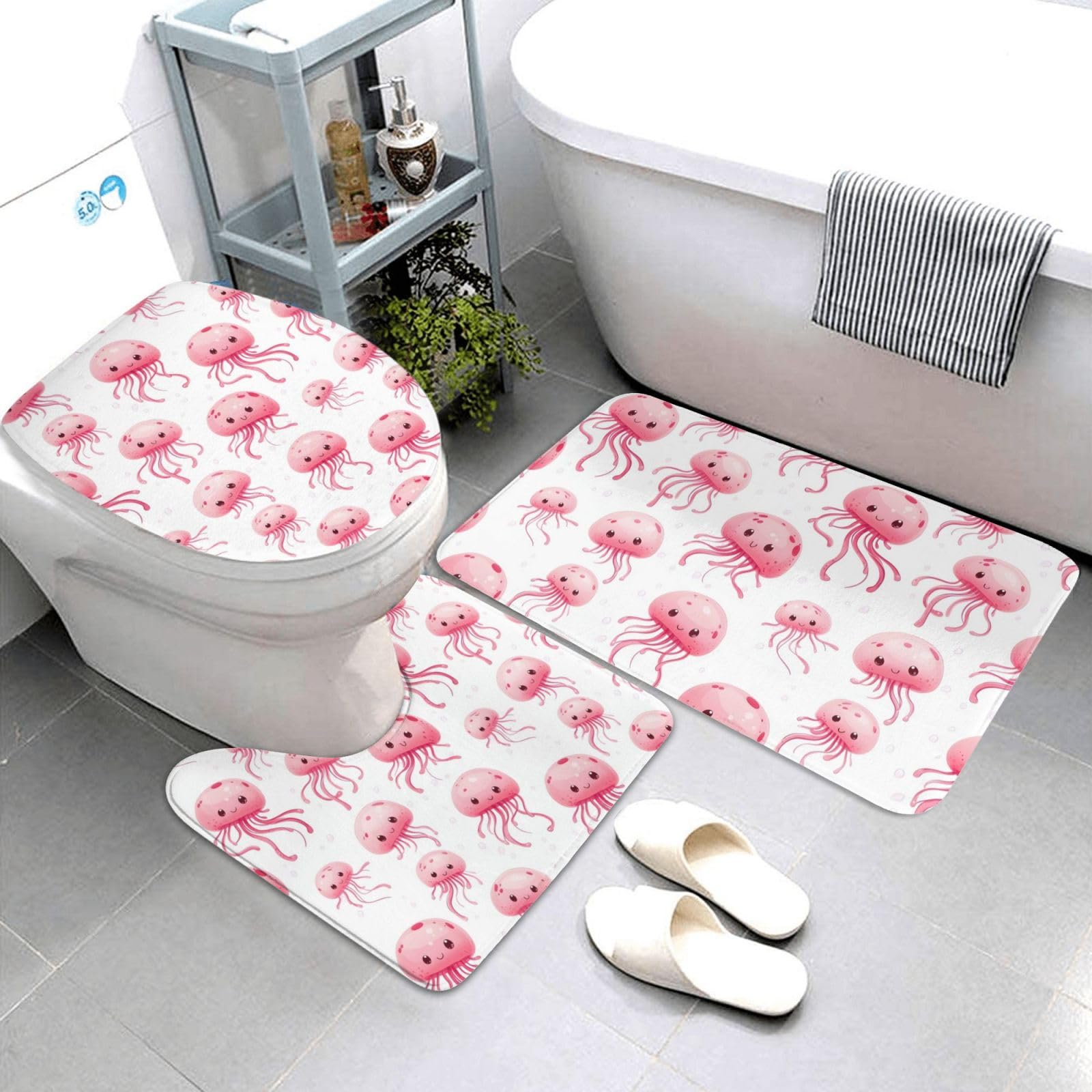 Tapis de bain doux absorbant lot de 3 motif méduses roses design moderne en U