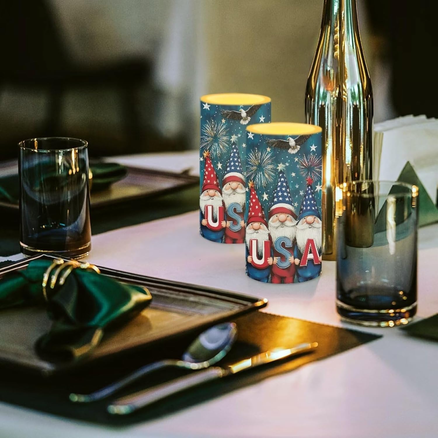 USA Flag Gnomes Battery Powered Candles with Remote and Timer Veterans Day Gifts Decorations LED Flameless Flickering Candles for Indoor Gifts Holiday Decor Home Party Festival Set of 2