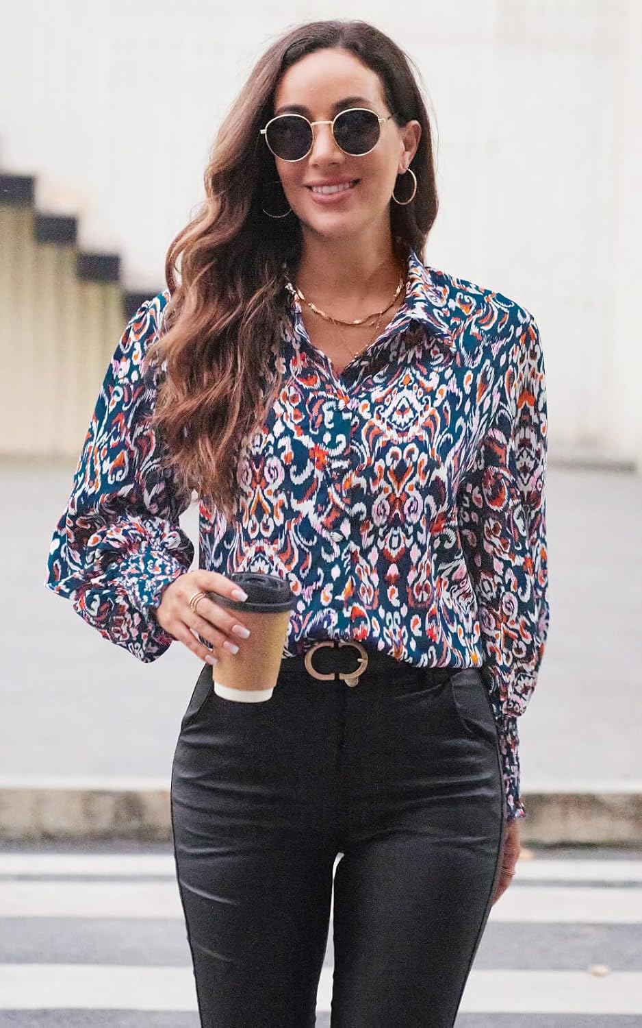 Womens Casual Button Down Shirts Boho Printed Long Sleeve Blouses Loose Fit Work Tops Spring Fall Outfits - Image 3