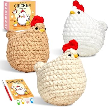 MAGIMUSE Crochet Kit for Beginners, 3 Pcs Chicken Crochet Craft Kit | Step-by-Step Video Tutorials Included. Beginner-Friendly Amigurumi Project with 40% More Yarn.
