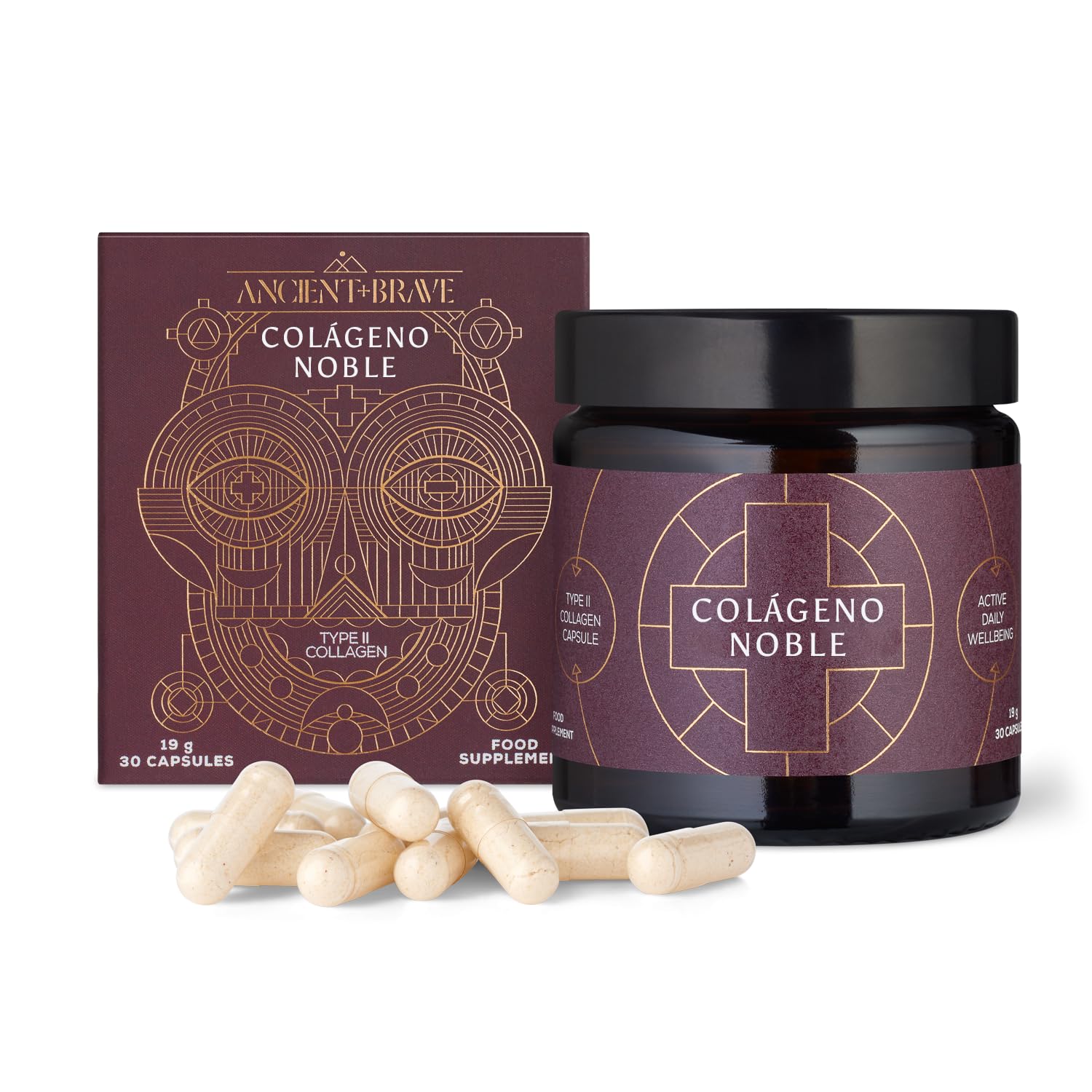 Ancient + Brave Noble Collagen | 30 Cápsulas | 30 Días | Colágeno Tipo II | Colágeno Tipo II con Vitamina C, Boswellia Serrata y Manganeso, clave para articulaciones y movilidad. Libre de gluten y soja