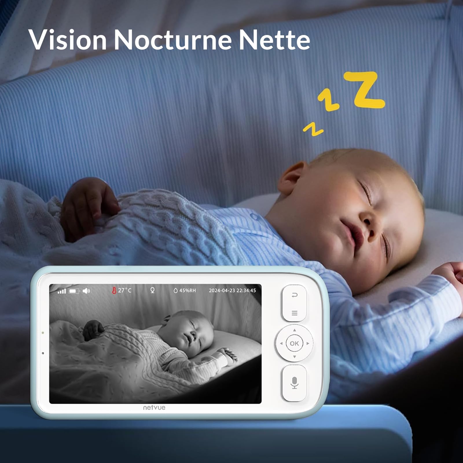 NETVUE Bleu Babyphone Camera 1080P avec Support 4 en 1, sans Fil 5" Babyphone 5000mAh, sans WiFi Camera Bebe avec App, Vision Nocturne, Audio Bidirectionnel, Détection des Pleurs, Mode VOX