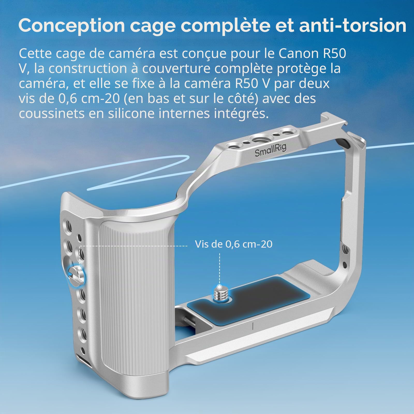 SMALLRIG R50 V Cage pour Appareil Photo pour Canon R50V, Poignée Ergonomique Intégrée, Plaque QR pour Arca, Trou Fileté 1/4"-20, Trous 3/8"-16 pour ARRI, Prise de Vue Verticale (Argent) - 5428