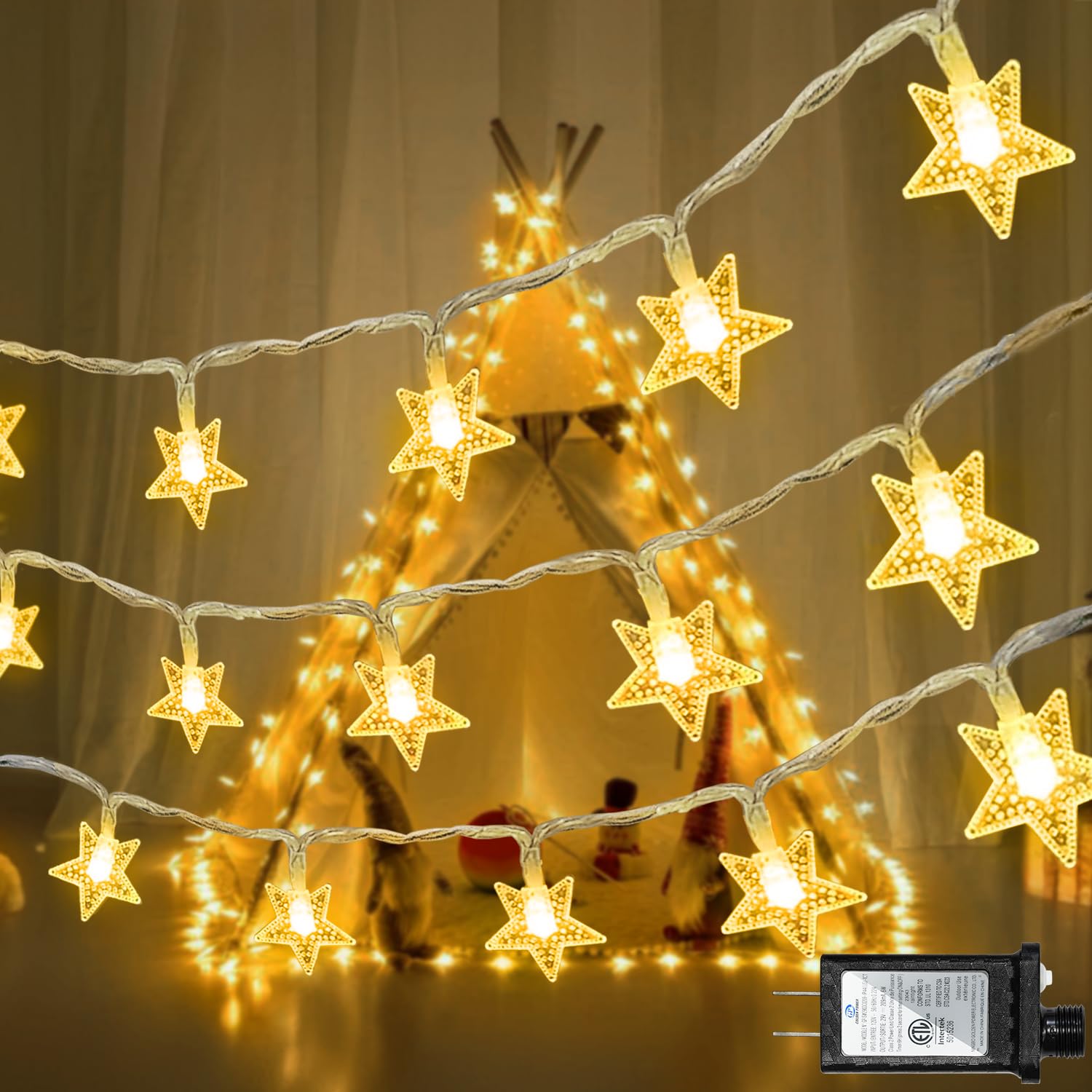 120 LED 40FT Star String Lights, 8 Modes Plug in Star Lights with Timer & Memory, Indoor Outdoor Christmas Twinkle Light for Birthday Party Bedroom Wedding Home Classrom Decor Warm WhiteRecycled Claim Standard Blended