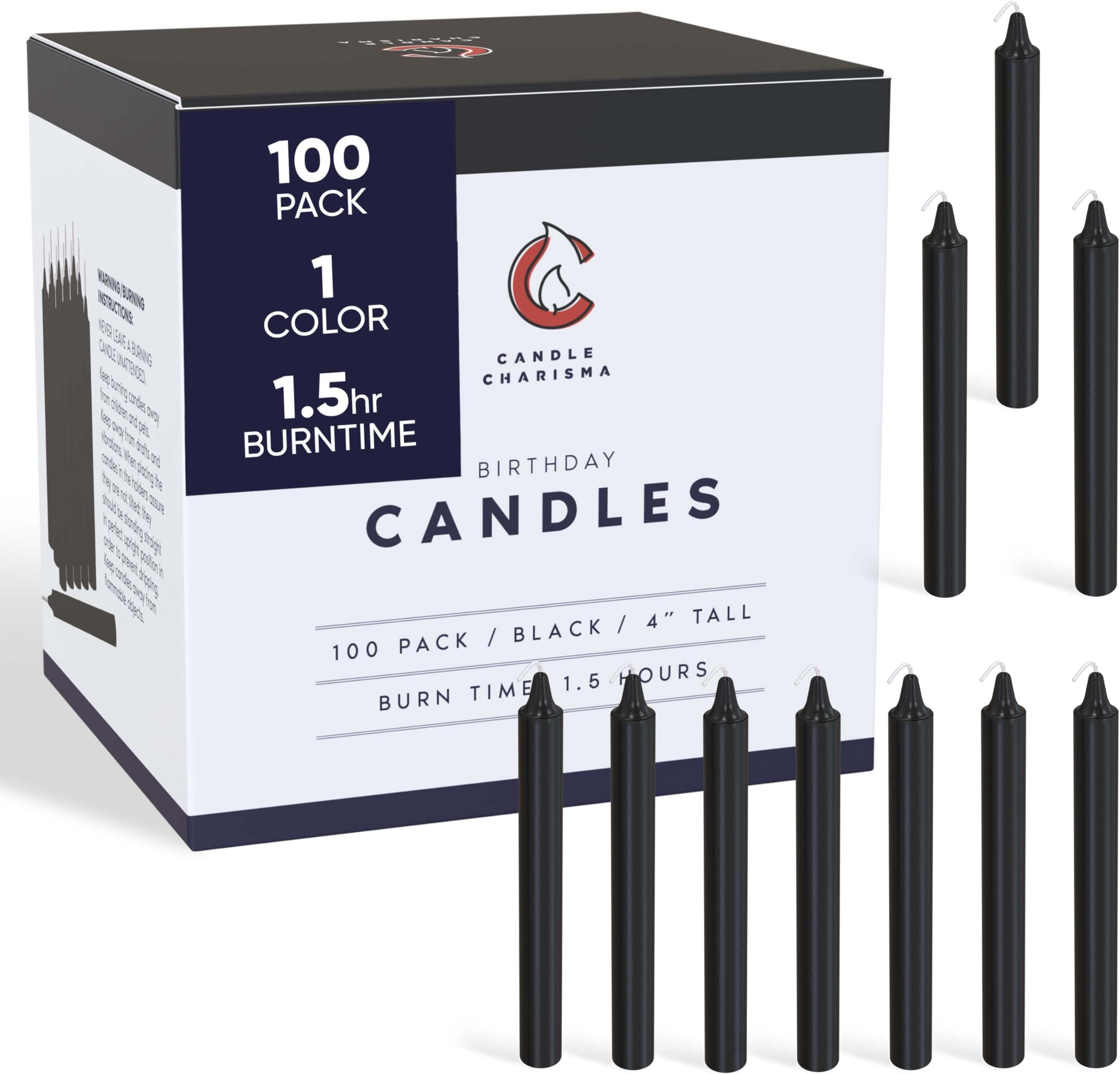 Candle Charisma 100 Black Spell Candles - 4" Unscented Paraffin Chime Candles, Smokeless & Dripless, Colored Candles, Long Burn Time 0.43" Thick Taper Candles for Rituals,Birthdays and Parties