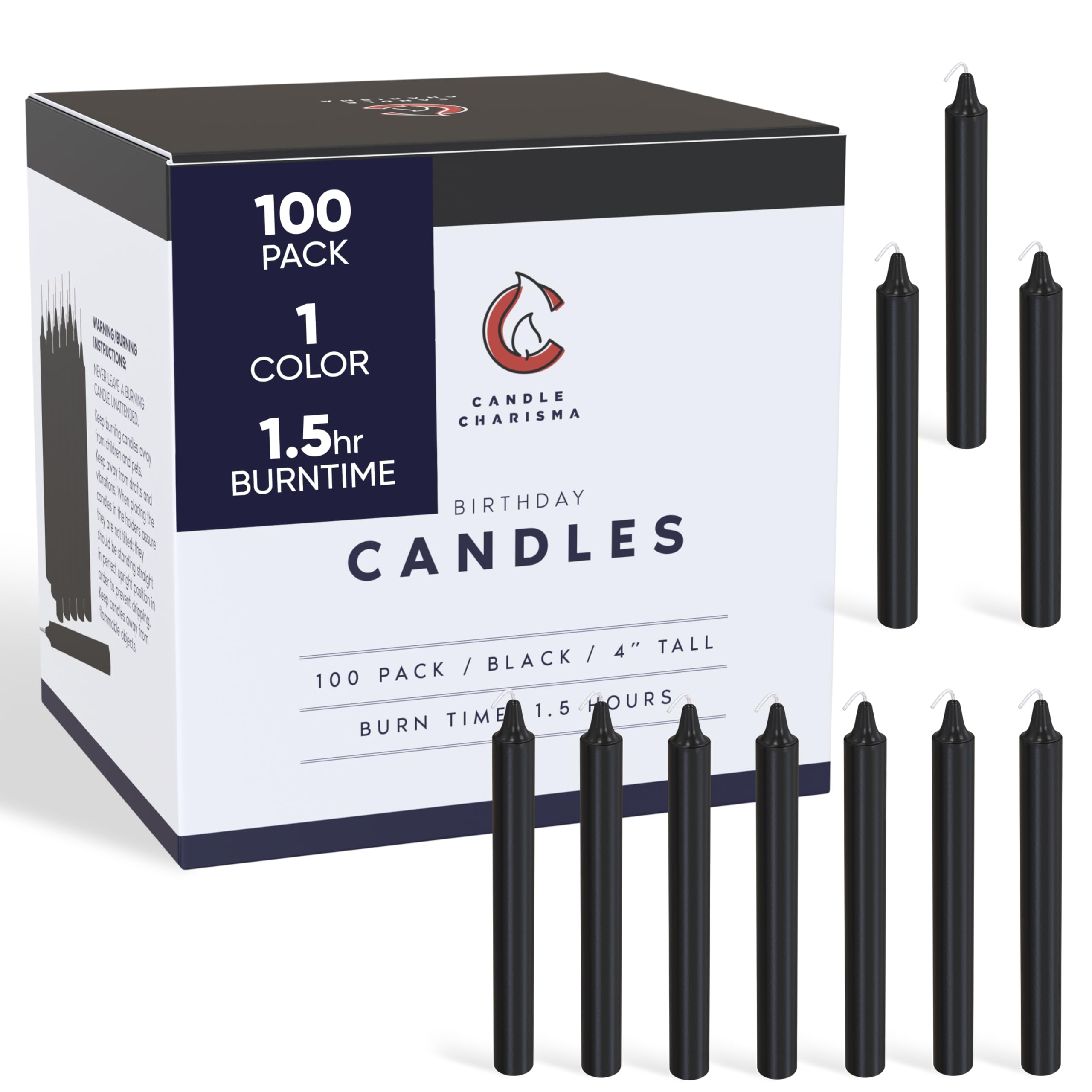 Candle Charisma 100 Black Spell Candles - 4" Unscented Paraffin Chime Candles, Smokeless & Dripless, Colored Candles, Long Burn Time 0.43" Thick Taper Candles for Rituals, Witchcraft and Parties