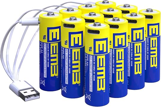 EEMB AA Batteries 12Pack 1.5V AA Rechargeable Batteries Lithium Batteries AA USB 4-in-1 USB Type-C Charging Cable Replacement Battery 2600mWh for Flashlight
