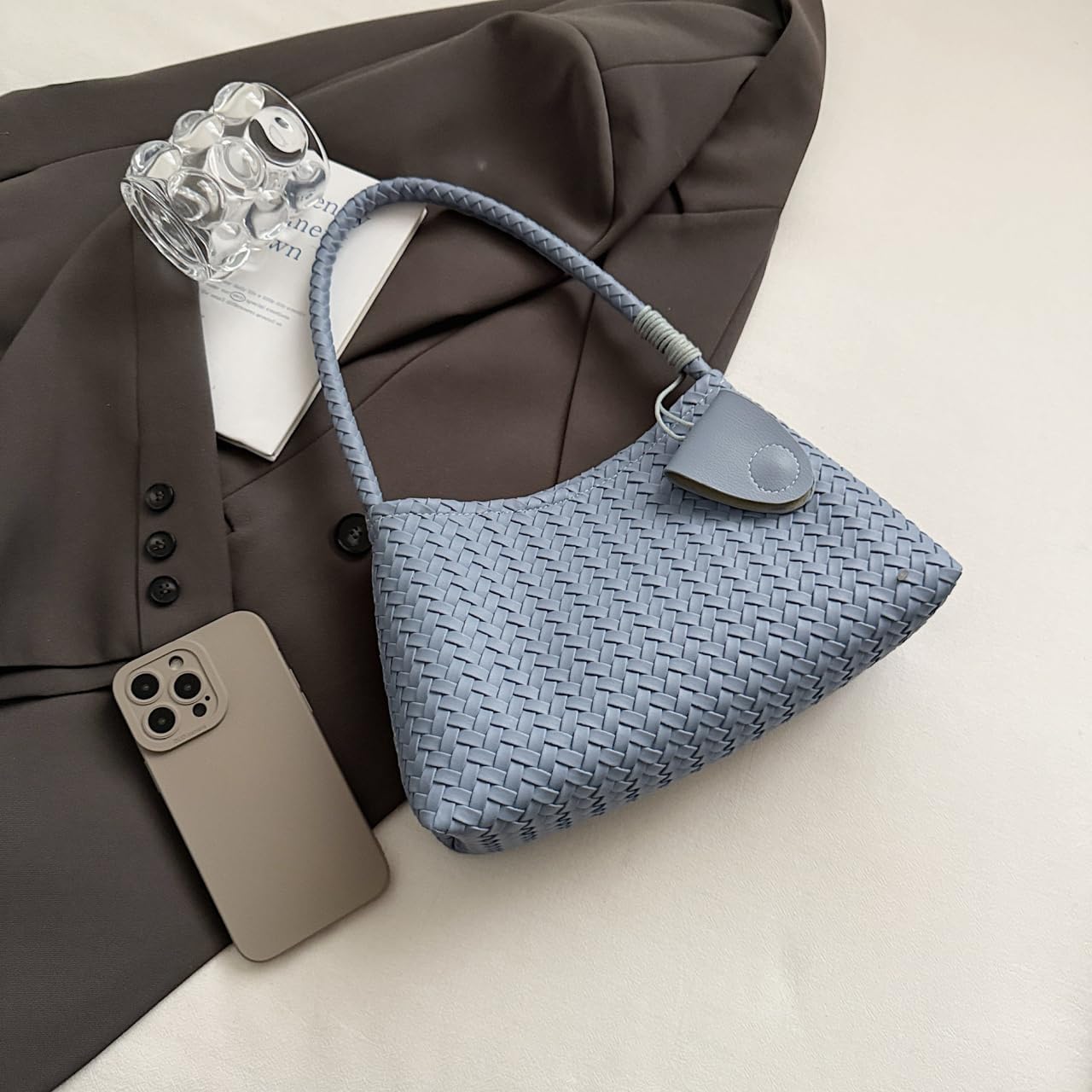 Woven Hobo Bag for Women Fashion Faux Leather Bucket Shoulder Bags Trendy Hobo Tote Underarm Handbags Purse for Work Travel