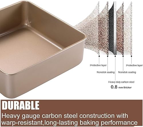 Miniatura 3 de Siking Molde para hornear cuadrado de 8 x 3 pulgadas de profundidad, revestimiento antiadherente, bandeja de pan de brownie resistente (oro champán)