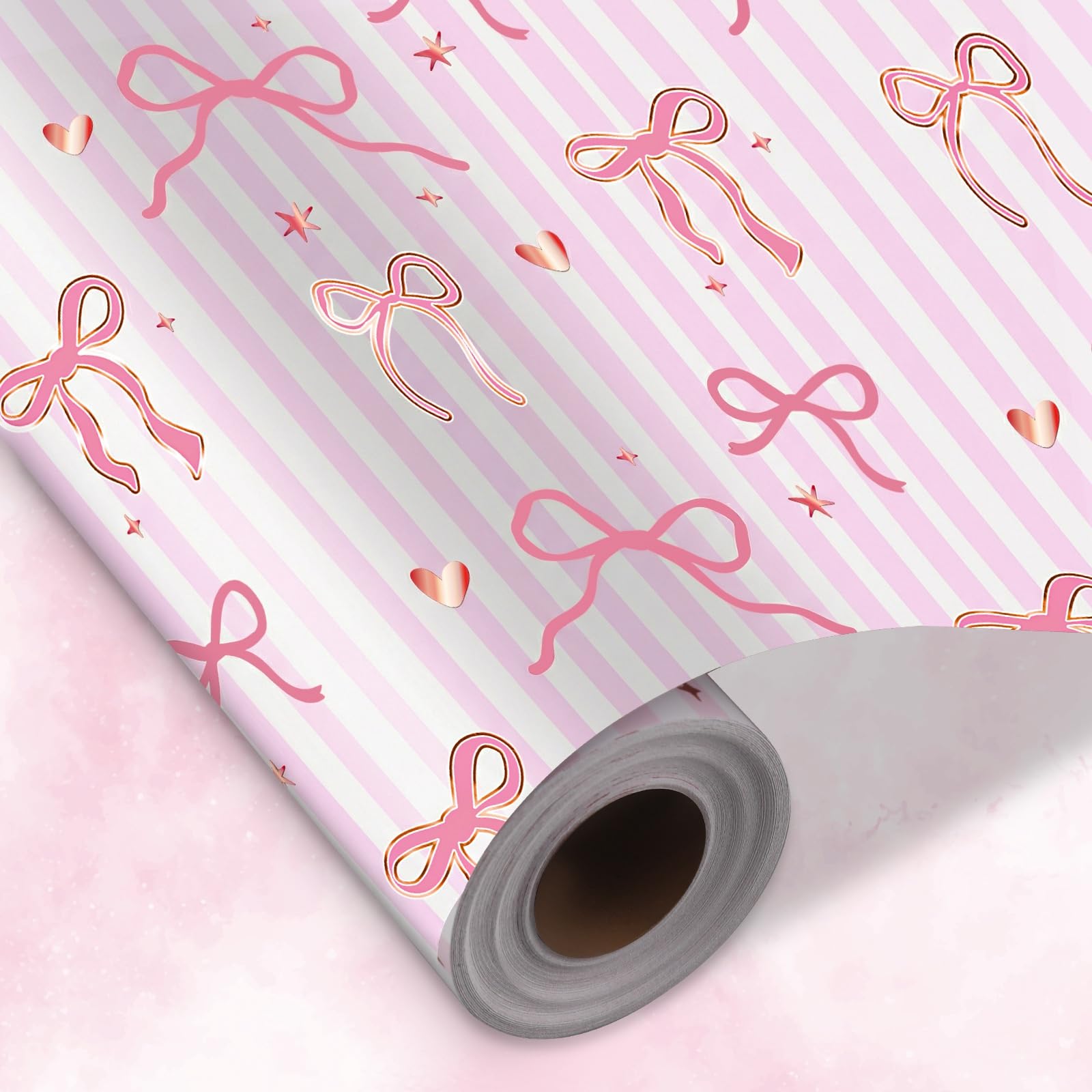 woric 43cm x 15m Pink Bow Wrapping Paper Roll, Girls Birthday Wrapping Paper Reversible Gift Wrap Paper Roll for Wedding Baby Shower Bridal Shower Anniversary DIY Crafts โ image 1
