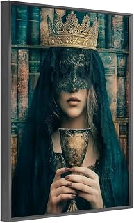 YFET Mysterious Veiled Woman With Crown & Chalice Painting, Antique Library Aesthetic, Dark Academia Poster for Room Aesthetics Canvas Wall Art Print Metal Black 16x24in