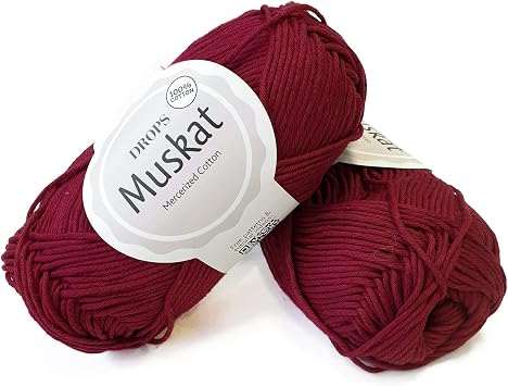 100% Cotton Yarn for Knitting and Crocheting, 3 or Light, DK, Worsted Weight, Drops Muskat, 1.8 oz 109 Yards per Ball (41 Bordeaux)