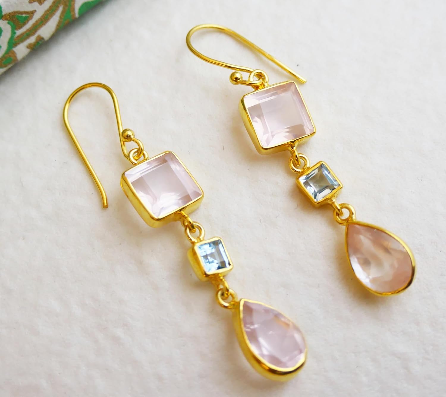 Rose Quartz and Blue Topaz Gold Plated Sterling Silver Drop Earrings - Handmade Gemstone Jewelry Gift Ideas for Women - Bridal Wedding Birthday Valentine's Mother's Day Gift Hypoallergenic - Image 7