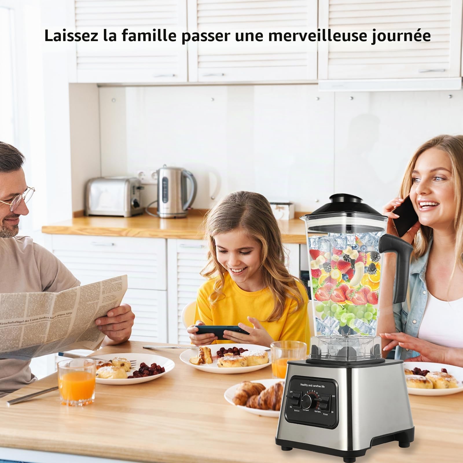 Mixeur Multifonction 6000W, 2 en 1 pour jus et smoothies avec 9 vitesses réglables, 2 pichets, 4 lames en acier inoxydable, mixeur de cuisine pour smoothies, jus de fruits et légumes