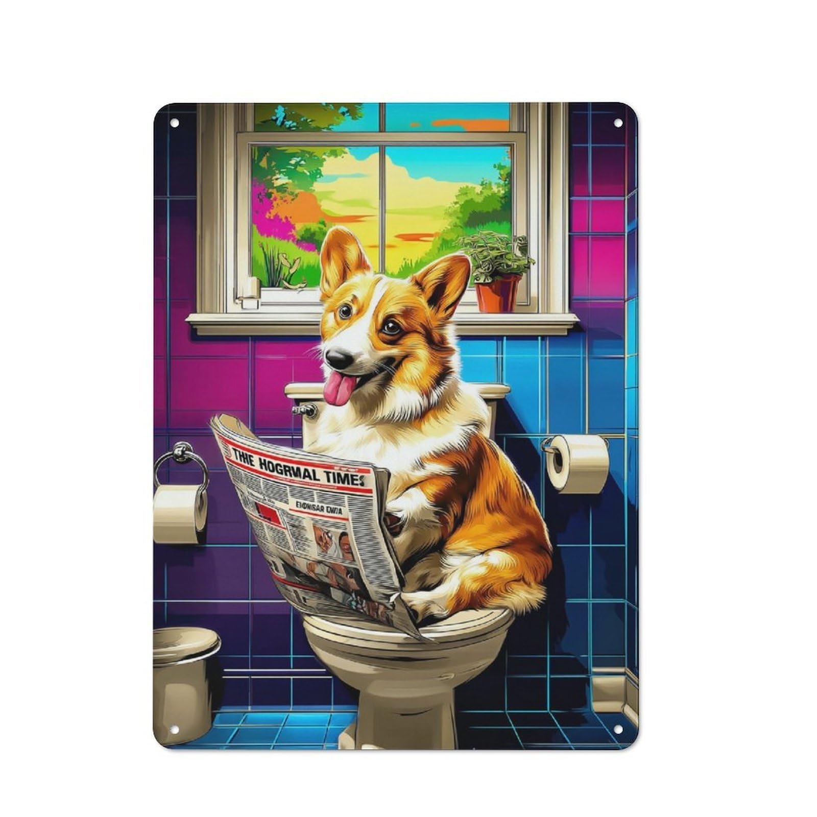 Modern Vintage Corgi Reading Newspaper in Bathroom -1 Metal Desk Wall Sign 40x30cm, Office Wall Decor for Office, Study, Studio Or Hallway