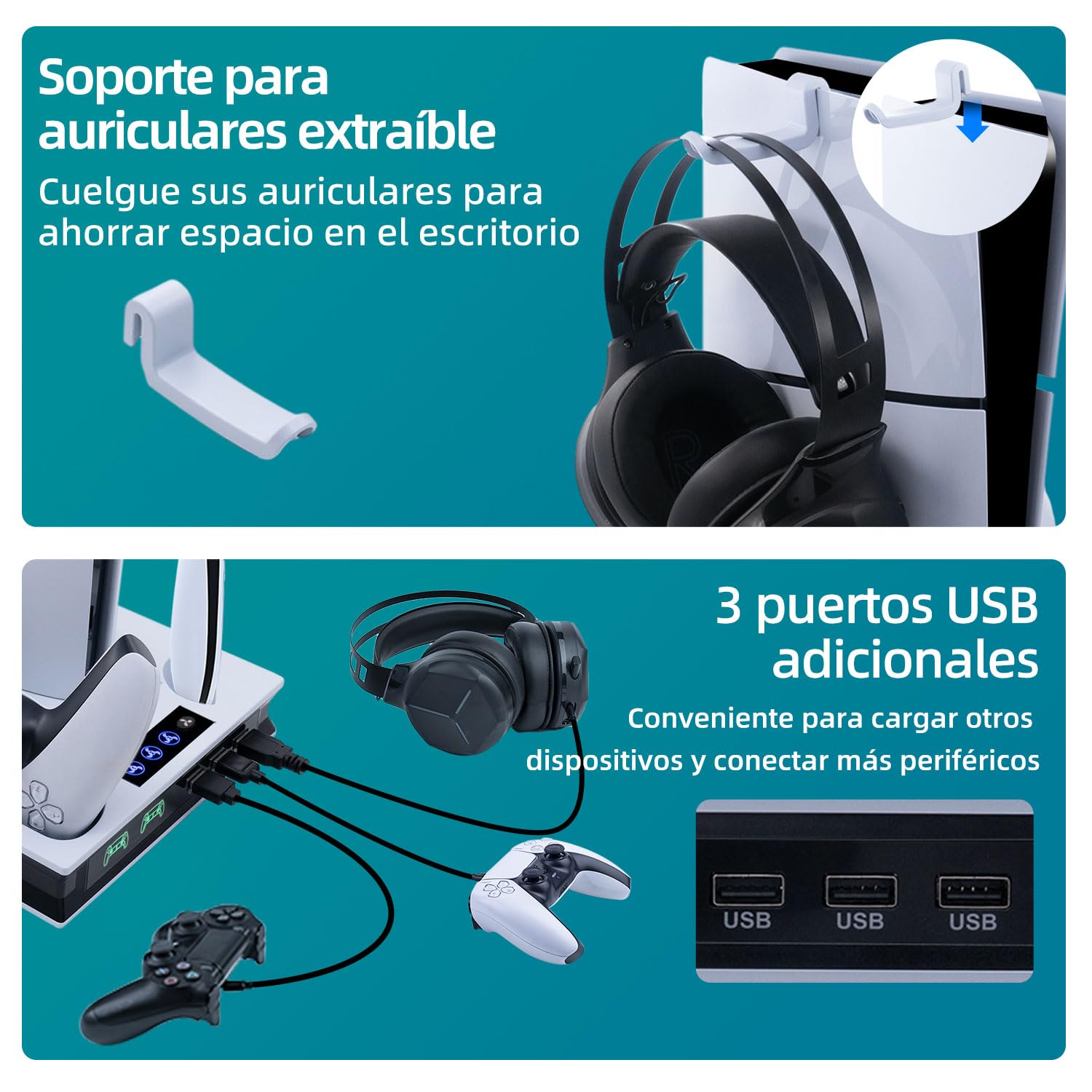 Soporte de Refrigeración para PS5 / PS5 Slim / PS5 Pro, Soporte para PS5 Vertical Ventiladores de Refrigeración y Estación de Carga de Dual Dontrolador, 3 USB, Soporte para Auriculares