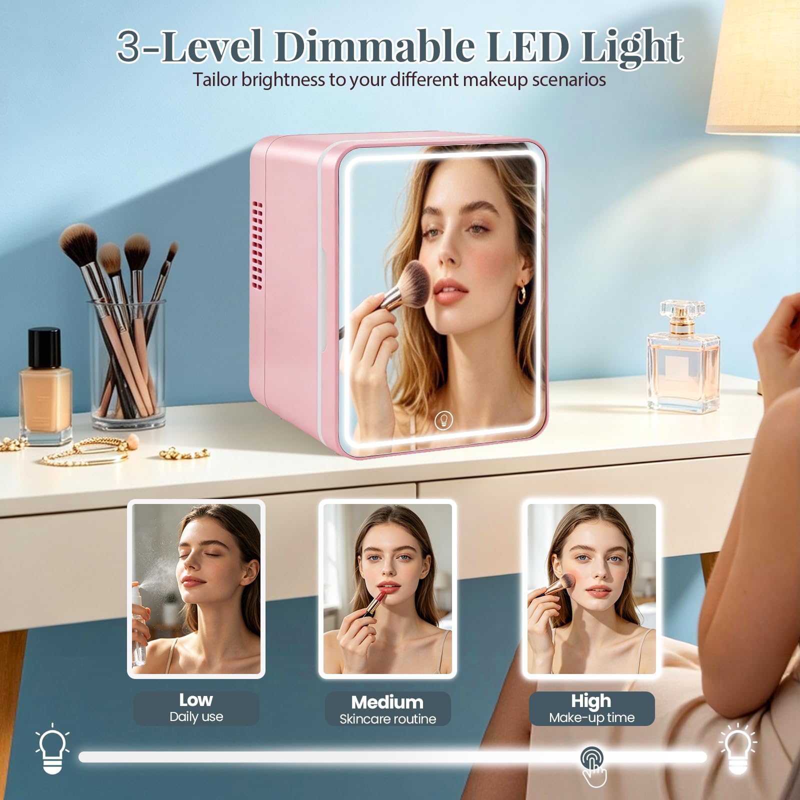 Mini frigorifero da 5 l/6 lattine, LED con funzione di regolazione a 3 livelli, 220 V CA/12 V DC, funzione di raffreddamento e riscaldamento, silenzioso, piccolo frigorifero per stanza