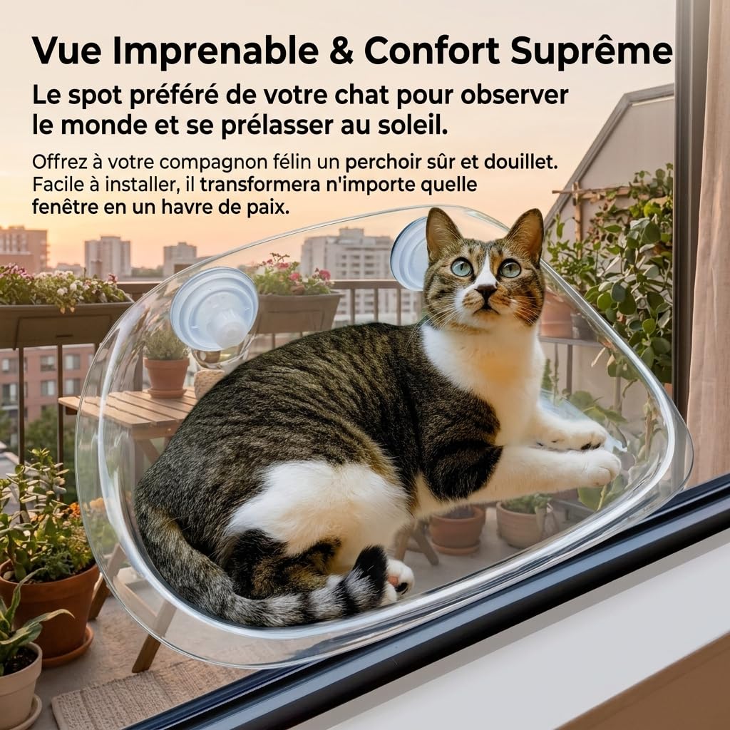 Hamac Fenêtre Chat Sûr Accessoires de Fenêtre Animaux Lit Suspendu Confort Plate-Forme Relaxation Chat AS Matériau Résistant Convenable pour Intérieur, Transparent Cristal