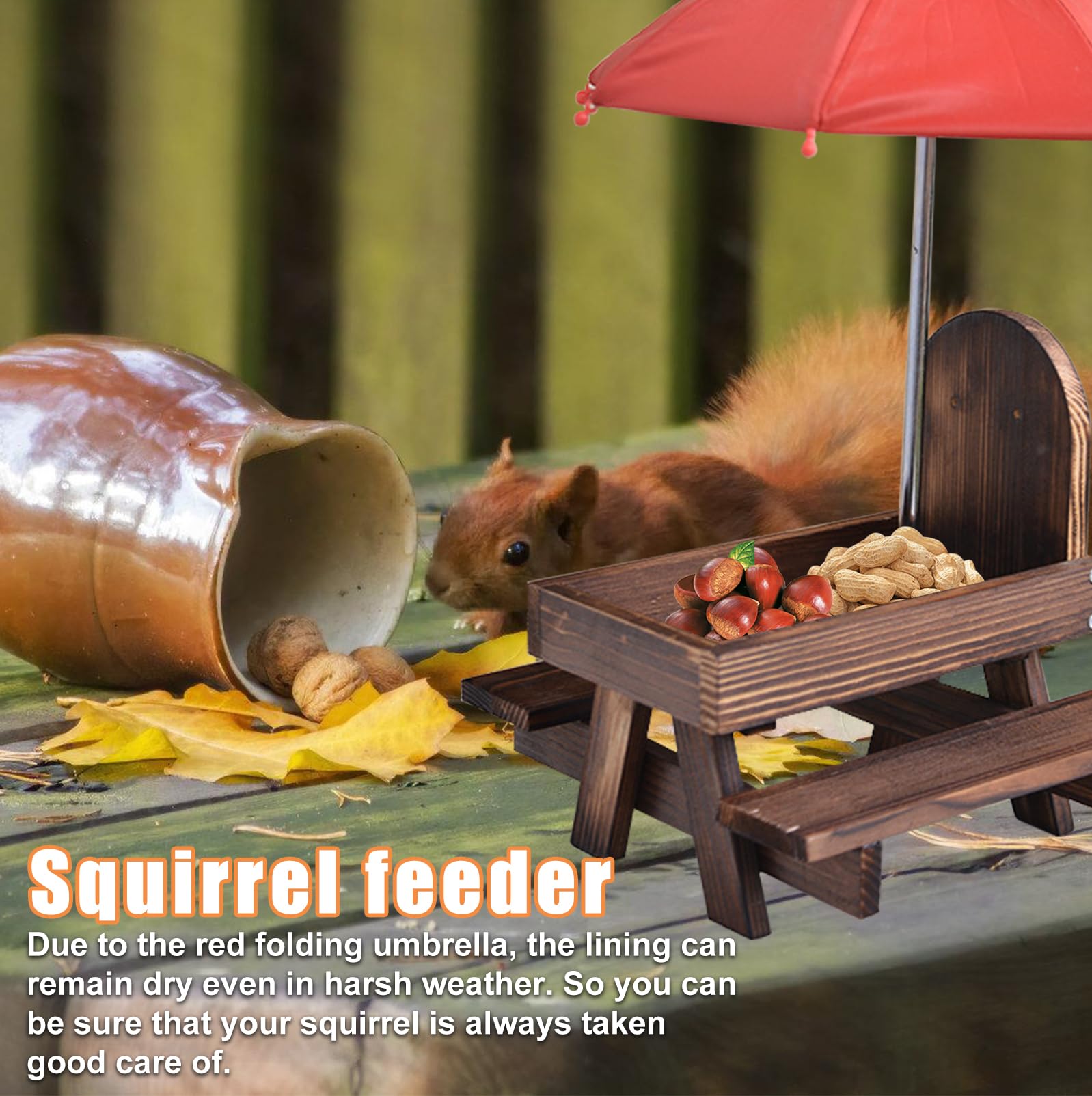 Scoiattolo casetta con ombrello: tavolo da picnic in legno con supporto per pannocchie, resistente alle intemperie, per scoiattoli Chipmunk Wildlife
