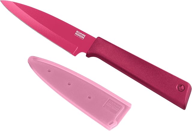 KUHN RIKON Colori+ Non-Stick Straight Paring Knife with Safety Sheath, 19 cm, Fuchsia