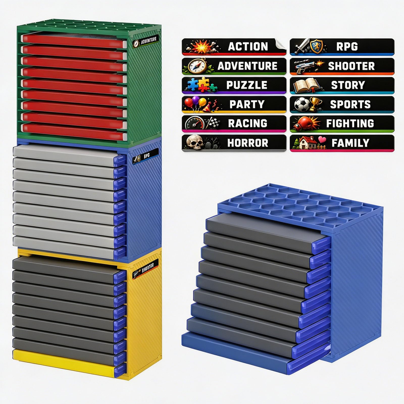 Game Disc Case Storage Rack, 3 Piece Stackable Set for 27 Cases, Open Front Vertical Display for P5 Gaming Setup and En