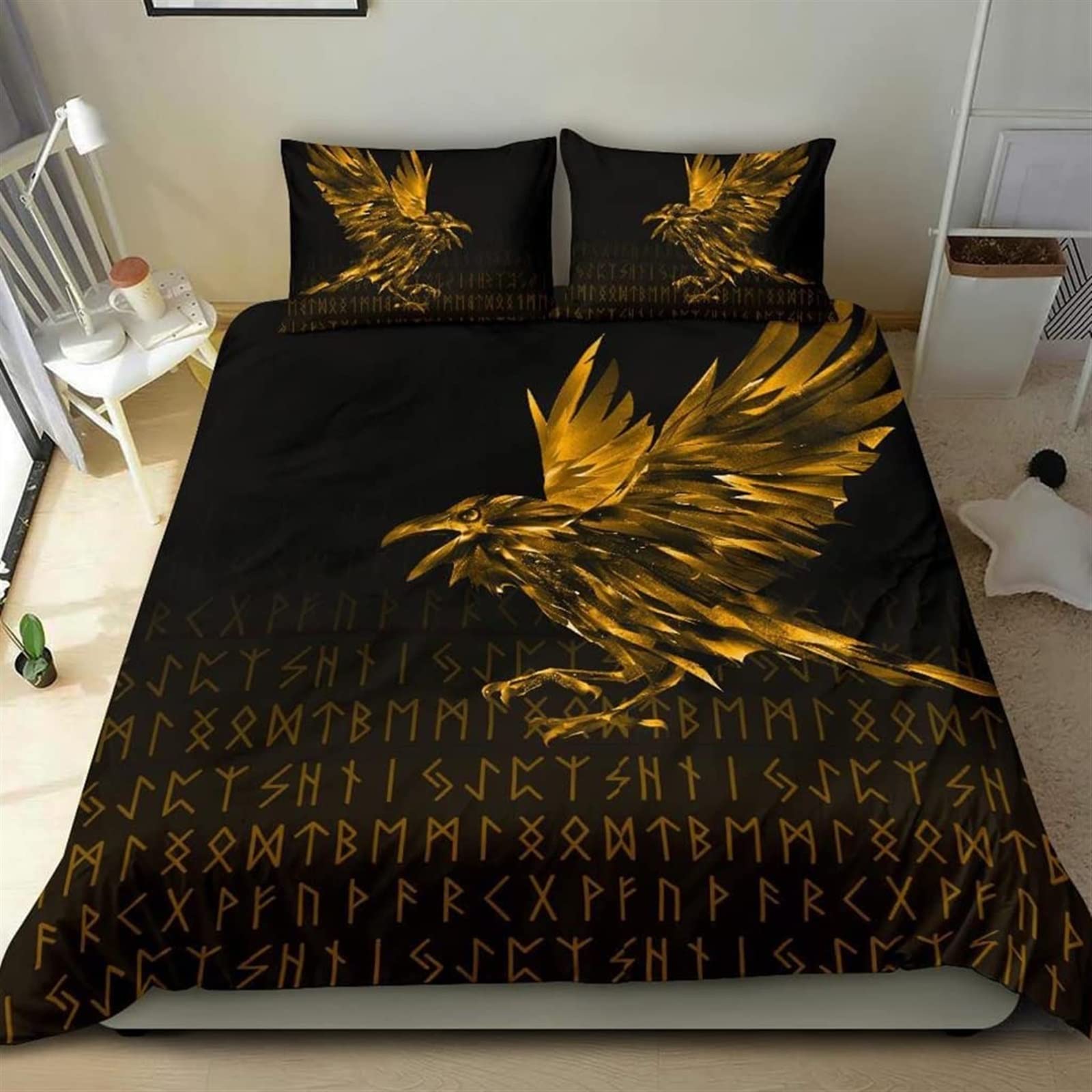 Copripiumino Matrimoniale 220x240 Cm Con Motivo Vichingo Nodo Celtico, Lupo E Corvo 3D, Set 3 Pezzi In Microfibra