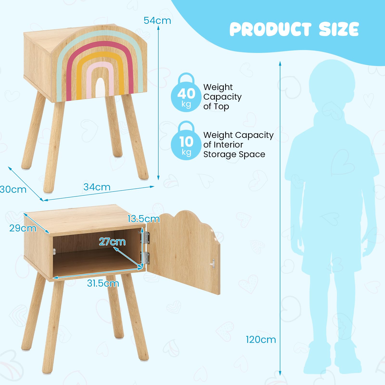 KOMFOTTEU Set di 2 comodini per bambini, comodini per bambini, con gambe in legno massello, tavolino ausiliario con dispositivo antiribaltamento, tavolo testiera con motivi arcobaleno e nuvole