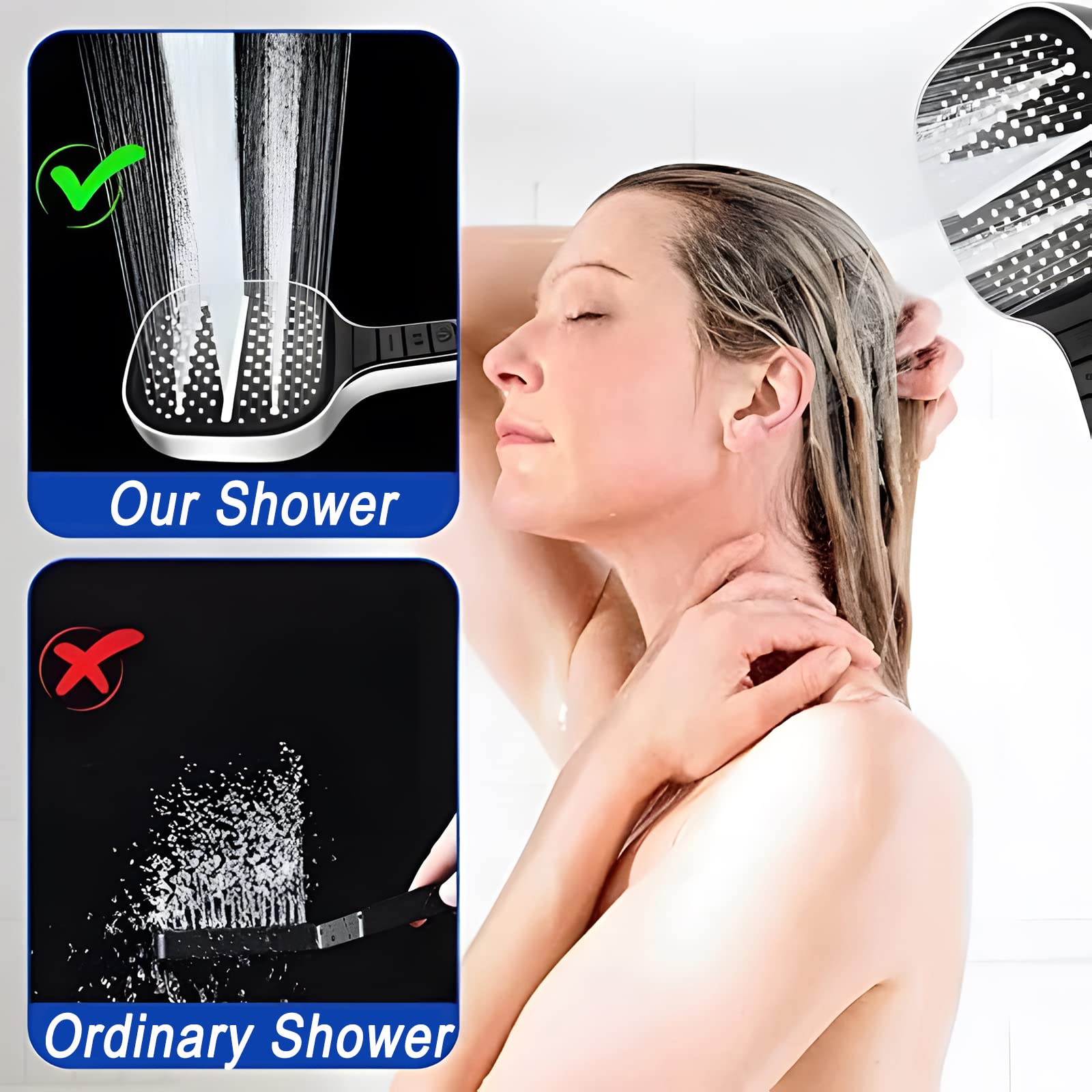 Soffione Doccia Alta Pressione, Testa Doccia Pressurizzata con Filtro, Soffione Doccino a Pannello Extra Grande a Mano con 8 Tipi di Spruzzo, Risparmio Idrico Beccuccio Bagno Decorazione (Grigio)