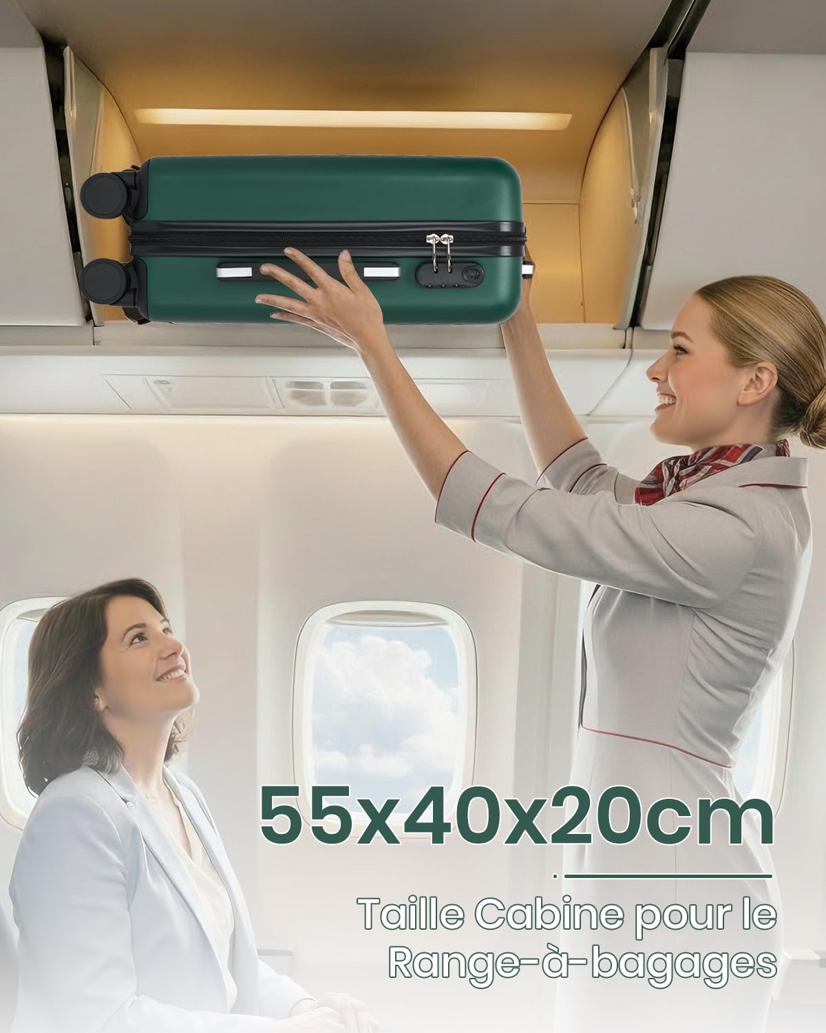 Kono Valise Grande Taille Soute 76.5cm 94L Valise Rigide ABS+PC Anti-salissure Imperméable Léger Résistant à la Compression 360° Roues Silencieuses avec Serrure Extérieure de Sécurité, Vert/Noir - 2