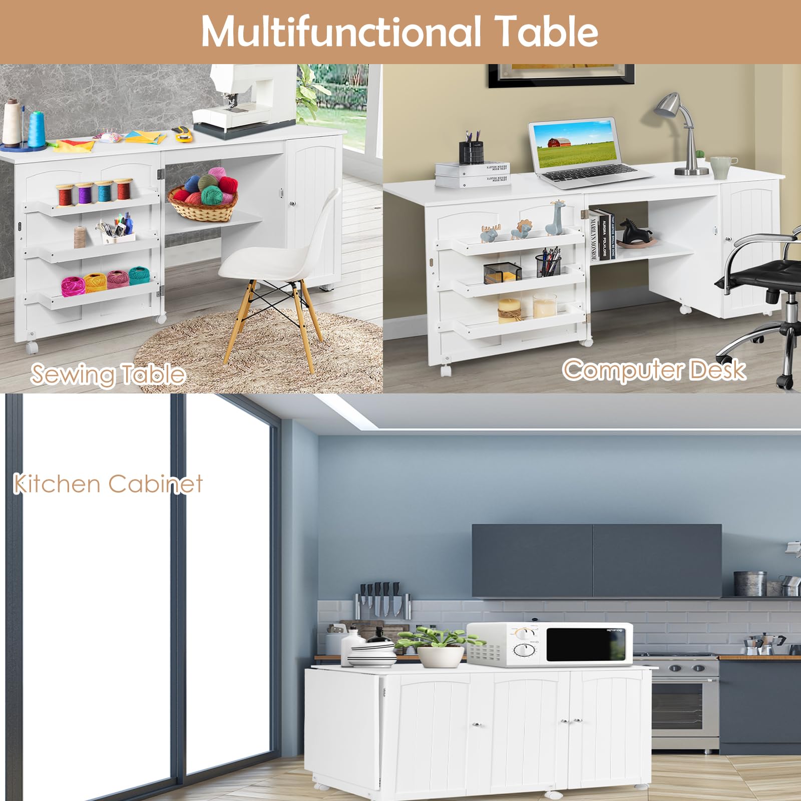 LIFEZEAL 3 in 1 Nähmaschinenschrank, Klappbarer Nähtisch auf 6 Rollen, Mobiler Nähschrank mit Ablage & 3 Regale, Computertisch für Zuhause&Büro, 158,5 x 50 x 74 cm (Weiß)