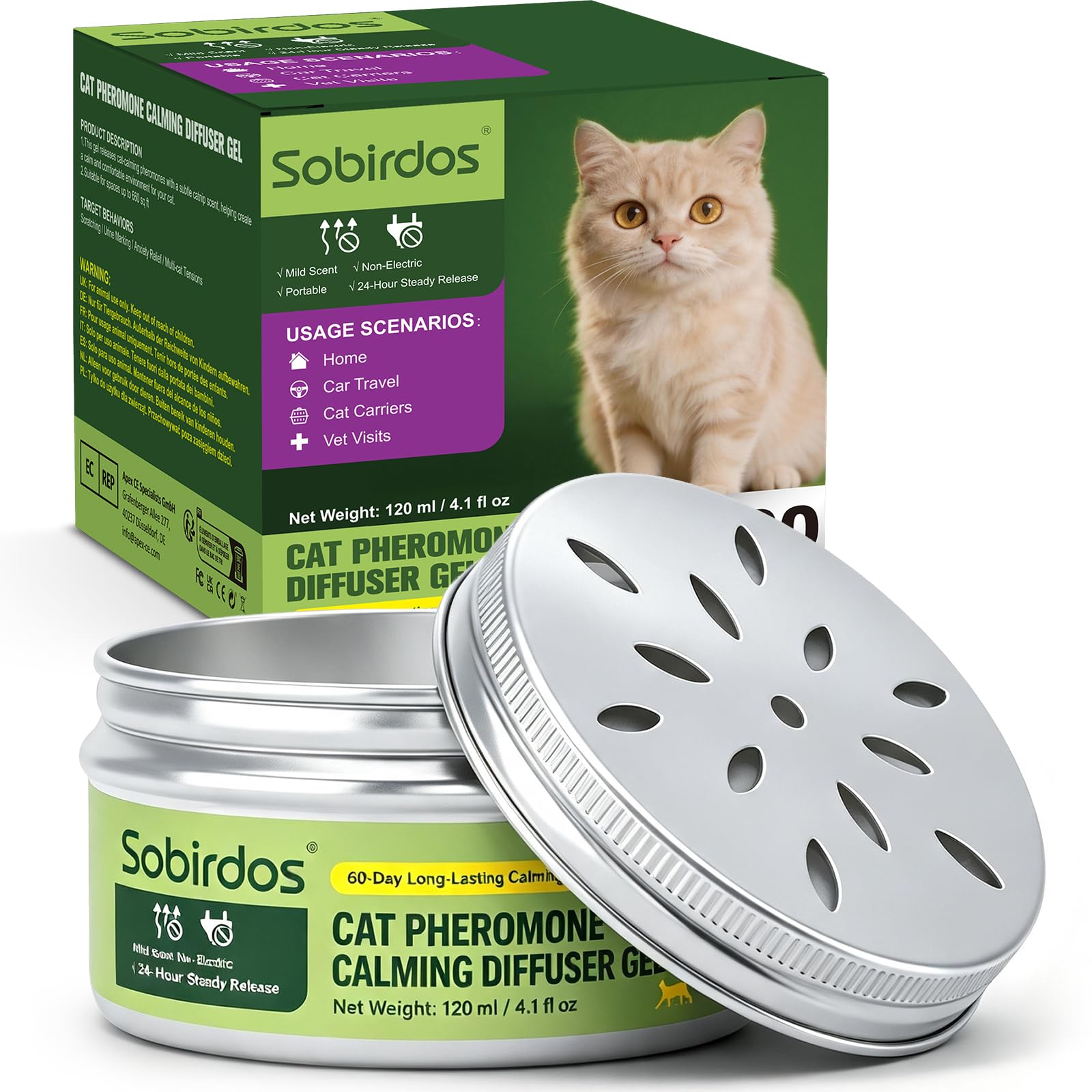 Diffusore Gel Calmante per Gatti, 120ml Senza Elettricità, 60 Giorni Durata, Coperchio Regolabile, Sicuro per Gatti Domestici e Multi-Gatto (Bianco, M)