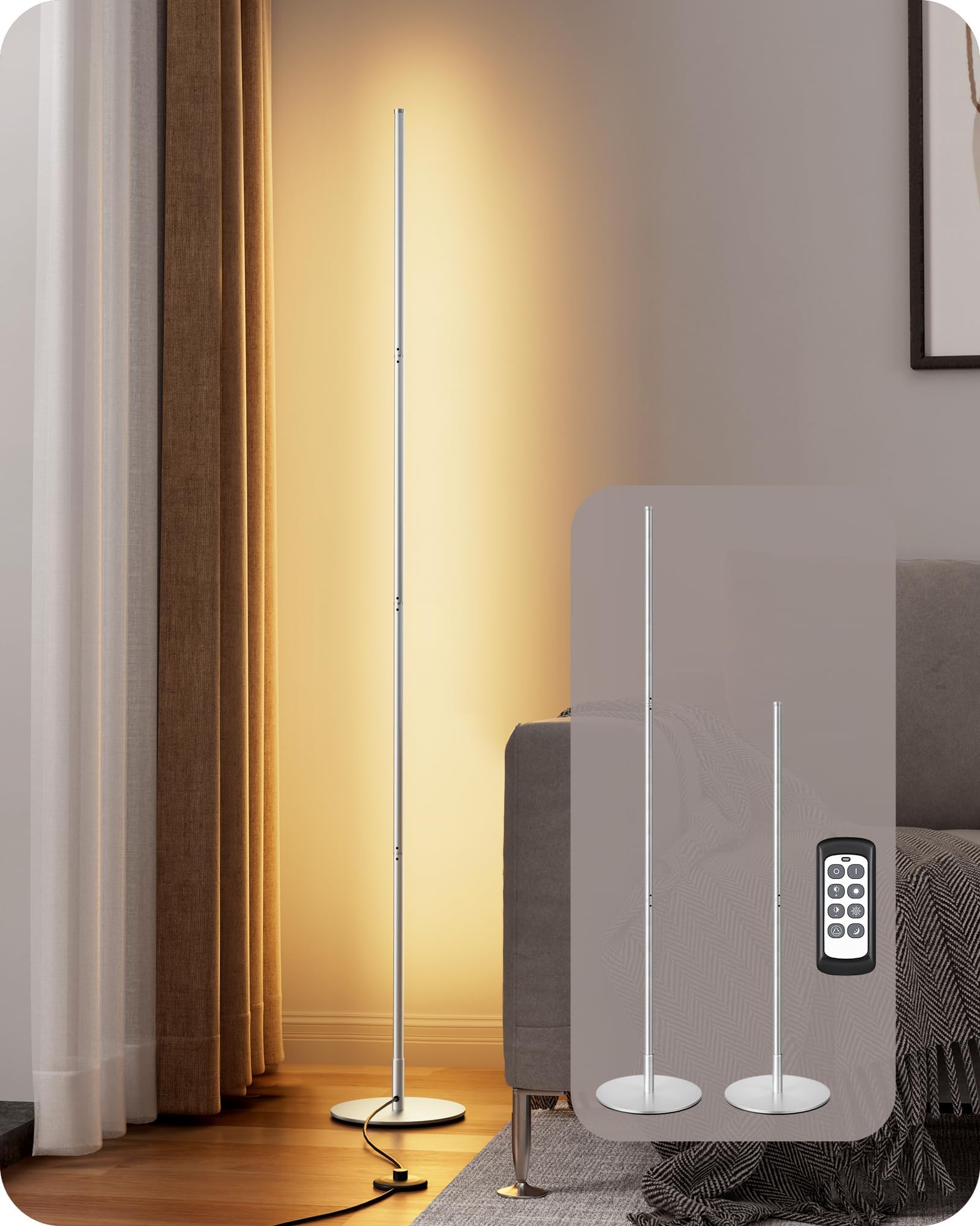 EDISHINE LED Standing Floor Lamp, Dimmable Corner Standing Light with Remote, 3 Color Temperature 3000K-4500K-6000K, 57.5" Modern Floor Lamps for Living Room, Bedroom, Office, Silver