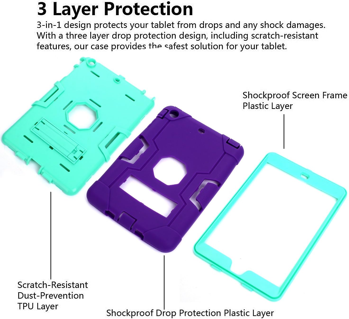 iPad Mini Case, Mini 2 Case, Mini 3 Case, Rugged Kickstand Series - Shockproof Heavy Duty Hybrid Three Layer Armor Defender Kids Child Proof Case Cover for iPad Mini 1/2/3 - Purple Teal