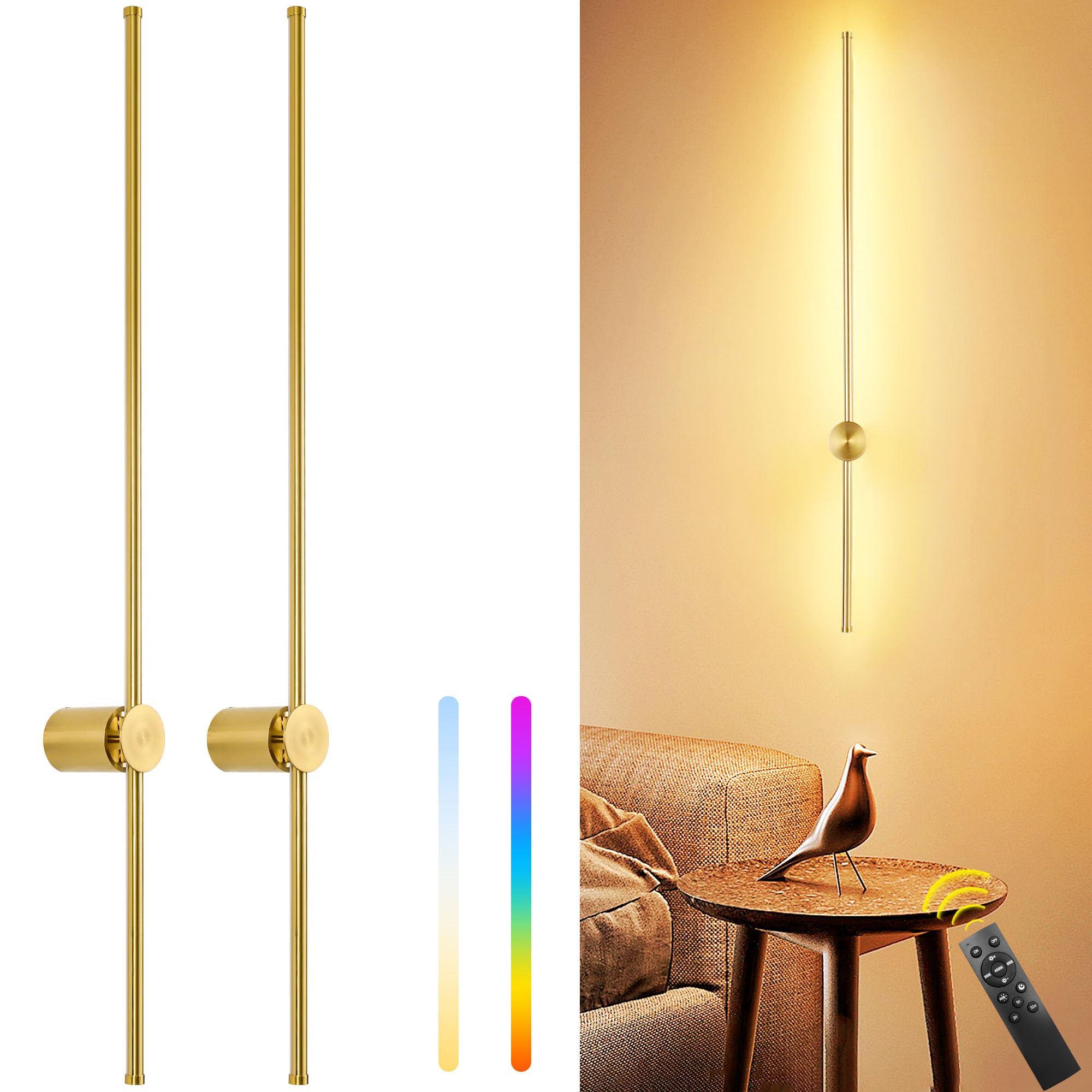 39.4 Inch Battery Operated Wall Sconces Set of Two, 12000mAh Rechargeable Wall Sconce with Remote Control, Dimmable LED Wireless Wall Lights for Bedroom, Living Room, 15 Colors, 180° Rotate, Gold