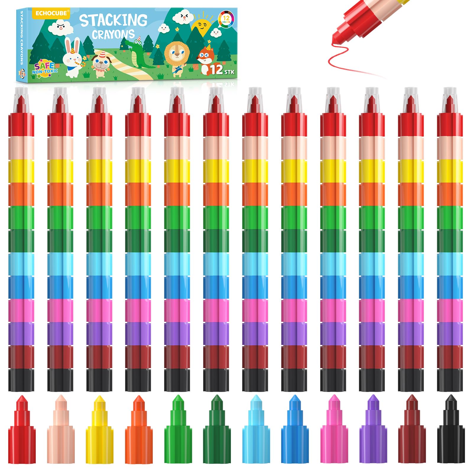 ECHOCUBE 12 x Stacking Crayons for Kids & Adults,Colorful Swop point Crayon Pencils for School Office Drawing,Non Toxic Colouring Crayon Set for Stationary Supplies Party Bag Fillers