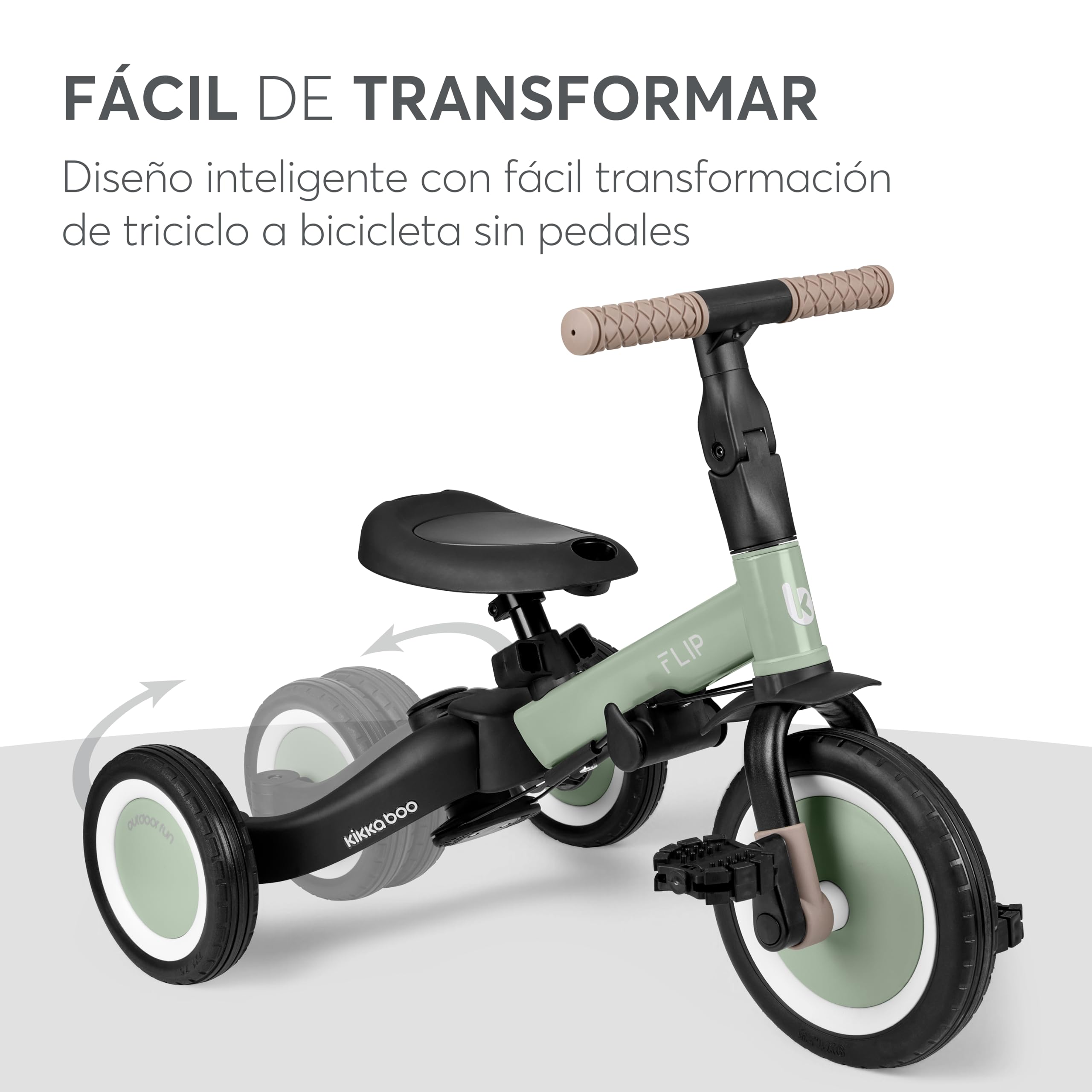 KikkaBoo FLIP, Triciclo Evolutivo de Bebé 5 en 1, Bicicleta con o sin Pedales, Ajustable y Transformable, Verde Militar, Desde 1 Año Hasta 5 Años