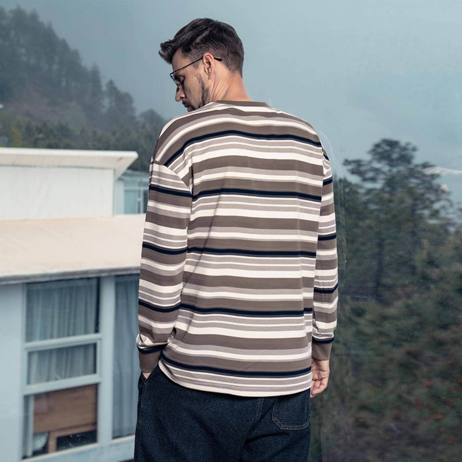 ZVX Men's Striped Long Sleeved T-Shirt, Casual Round Neck Long Sleeved Top, Regular-Fit Daily Striped T-Shirt Basic Style - Image 2