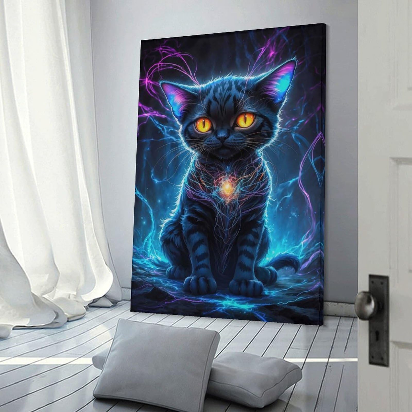 Junmoney Frame-Style-14 Neon Galaxy Kitten Decorative Canvas Print, 24X36inch(60X90cm), For Home, Office, Studio Or Guest Room, Canvas Wall Art That Fits Changing Layouts