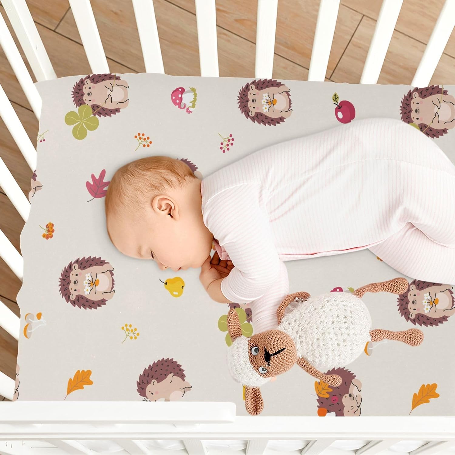 Fitted Crib Sheets Fall Hedgehog Stretchy Portable Playard Sheets for Baby Toddler, Breathable Soft Mini Crib Mattress 52 x 28 in for Boys and Girls