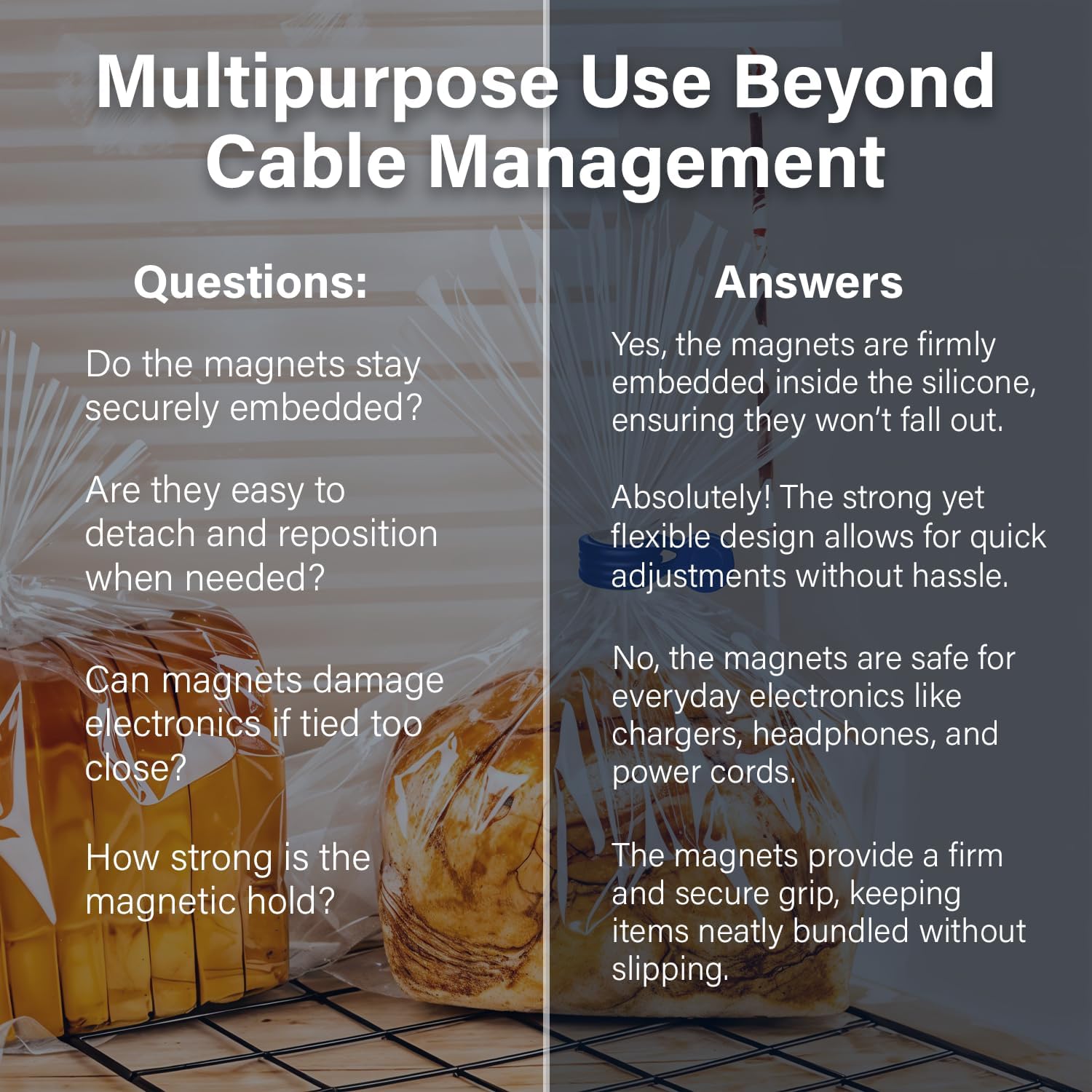 Magnetic Cable Ties, 50 Pack – Reusable Silicone Snap-On Multi-Purpose Cord Organizer for Bundling Cables and Wires at Home, Office or Travel, 7.5 in, Assorted Colors