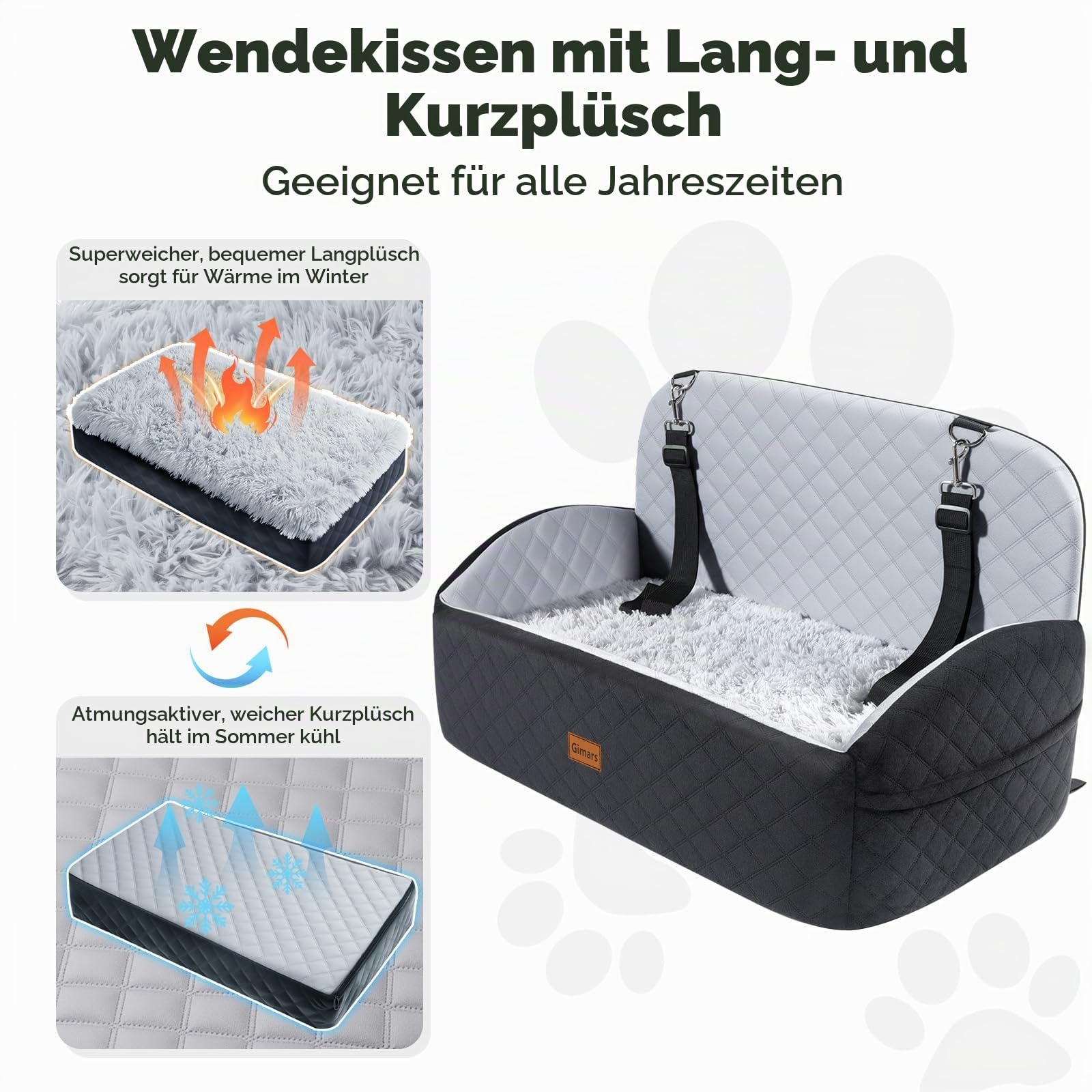 Gimars Wende-Hunde Autositz Mit Lang-/Kurzplüsch Sitzkissen Für Kleine/Mittlere Hunde Bis 27kg, Abnehmbar Waschbar rutschfest Hundesitz Auto mit 13cm 28D Egg-Crate-Schaum, Sicherheitsgurt, L