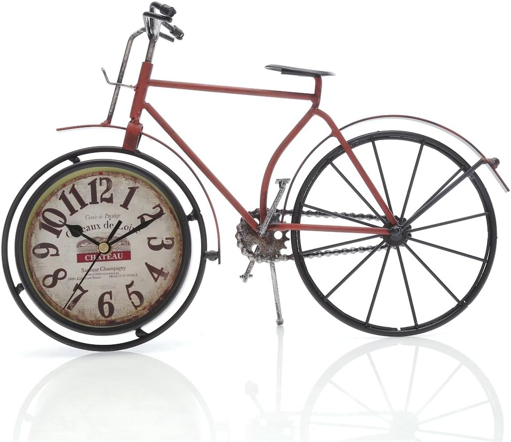 14.4"x10" Handcrafted Metal Bicycle Analog Silent Quartz Desk Clock,Vintage Rustic Look,Glass on Front (Red Bicycle)