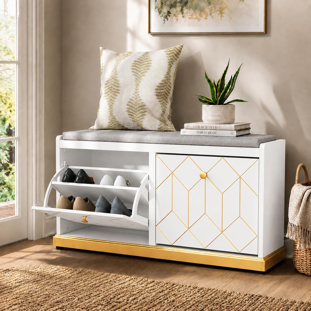 HLR Shoe Storage Bench with 2 Flip Drawer &amp; Padded Cushion Seat