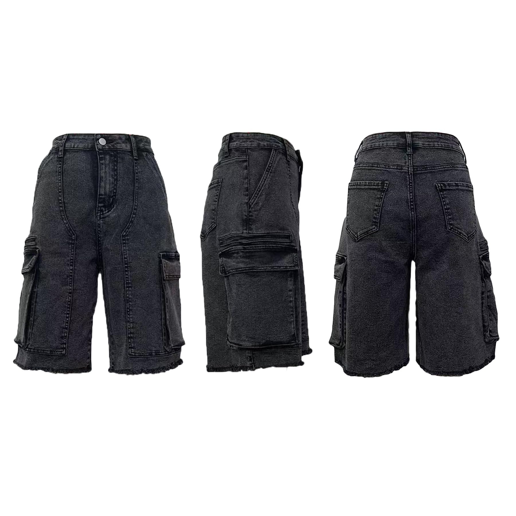 Damen Sommer Bermuda Knielang Denim Shorts Hohe Taille Casual Baggy Cargo Kurze Jeans Hosen Trendy