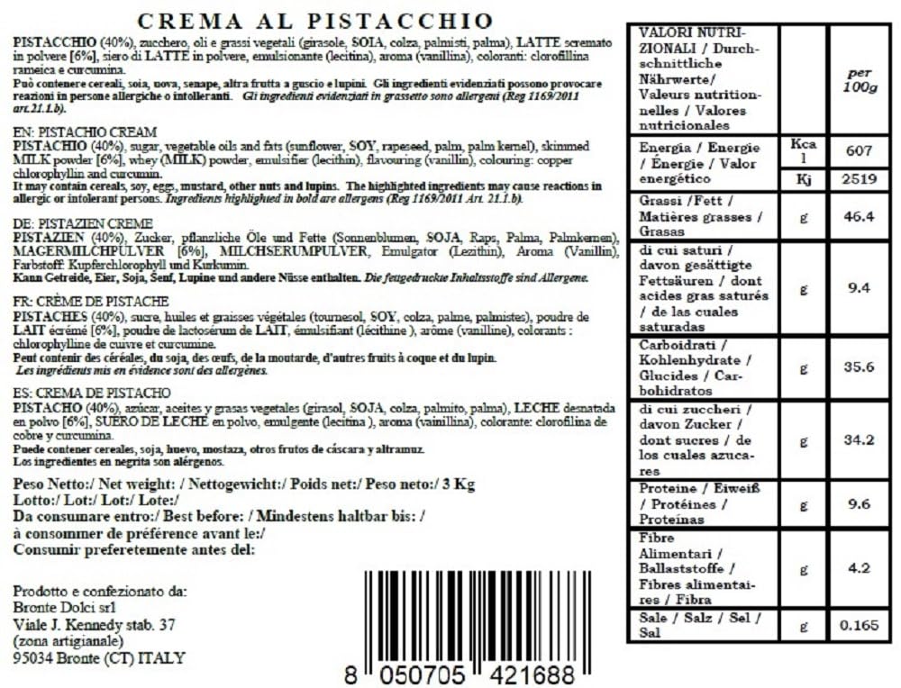 Crema de Pistacho dulce, 40% de los pistachos de Sicilia, 3kg (3000g)